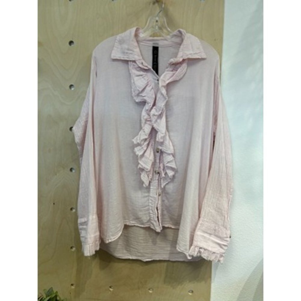 House Of Basics Long Sleeve High Low Ruffle Button-Up Top Light Pink Size Medium
